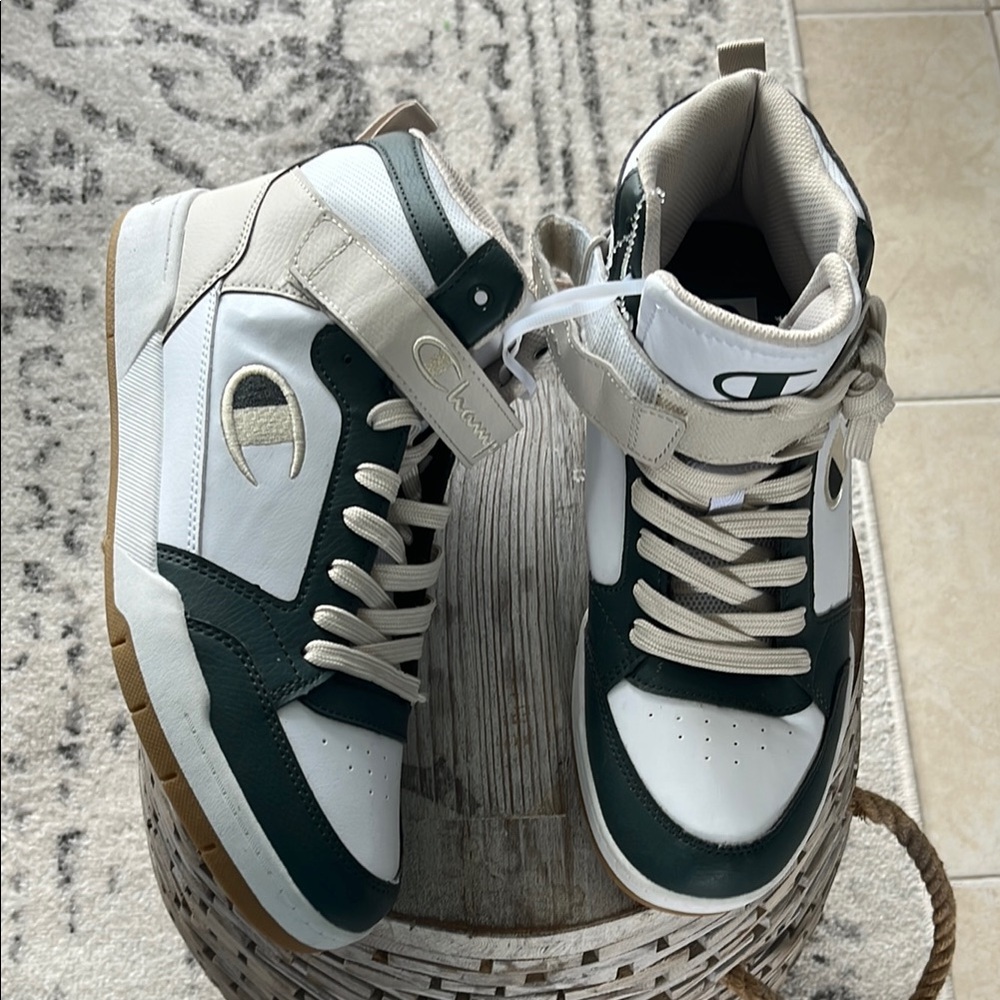 Champion High-Top Sneakers in White, Dark Green and Tan